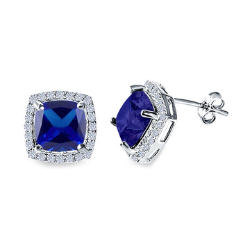 Cushion Cut Stud Earrings Simulated Blue Sapphire CZ 925 Sterling Silver